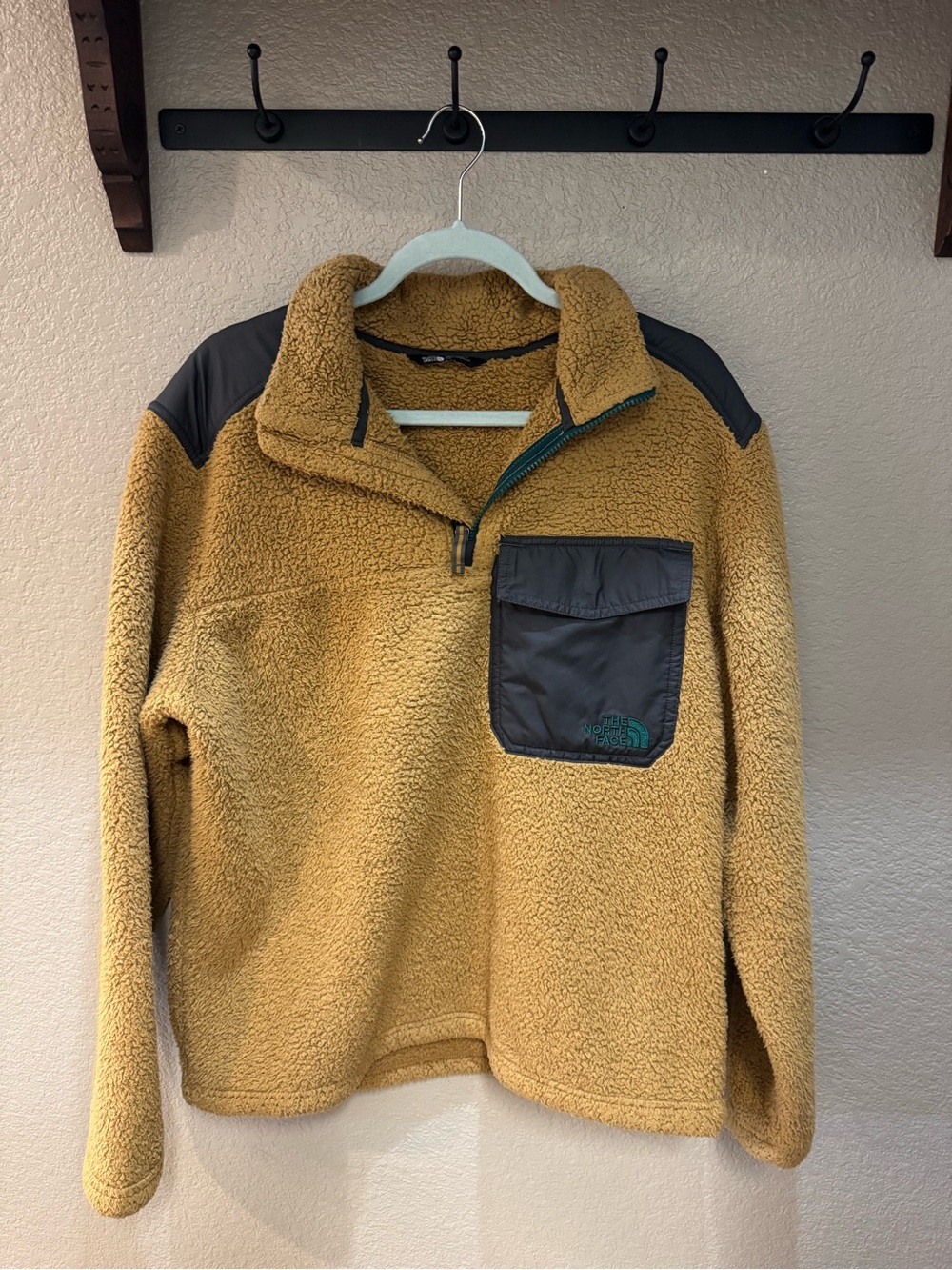 The North Face Men’s Mustard Sherpa Zip Fleece with Dark Brown Chest Pocket